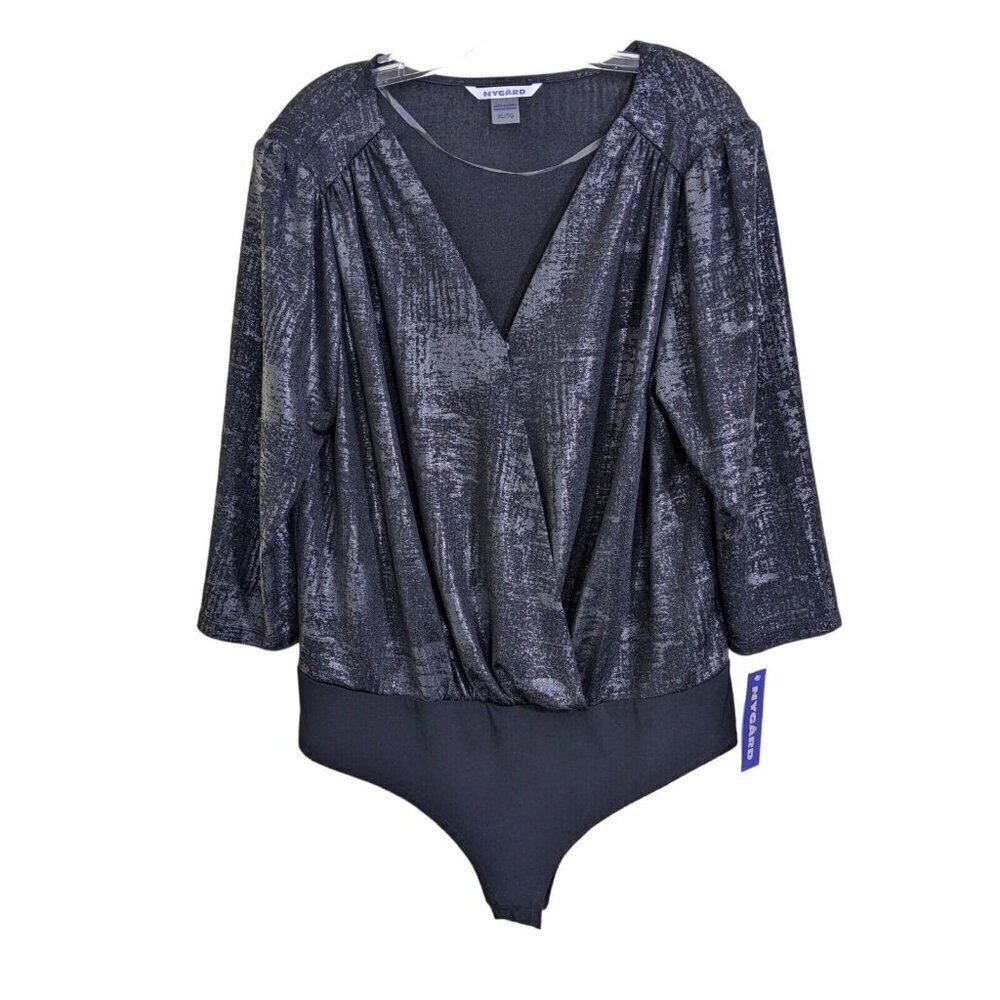 Womens Body Suit Bodysuit XL Surplice Faux Wrap Black Foil Missy Camo Refresh